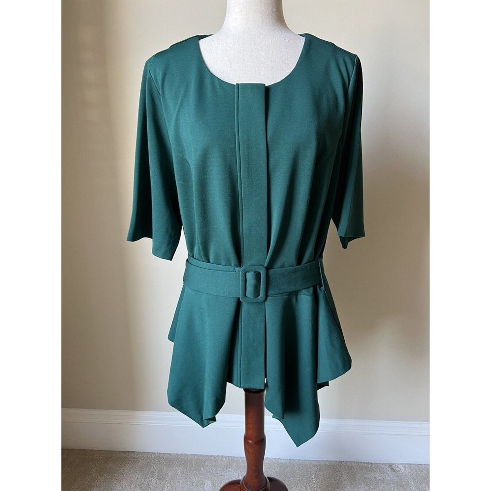 Eloquii Women’s Peplum Blouse Size 20 Green Short Sleeves Stretch Belt Zip Front